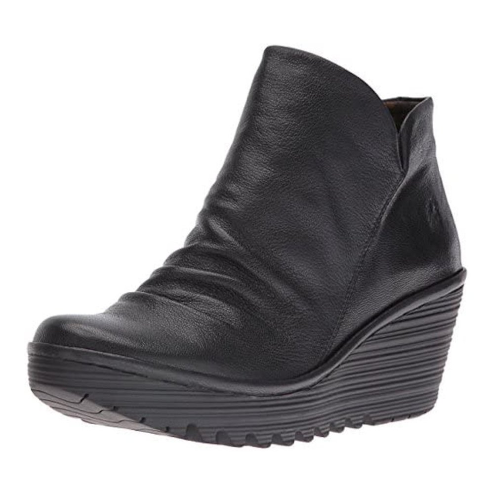 Fly London YIP Black Leather Platform Ankle Boots Size 8- EU 39